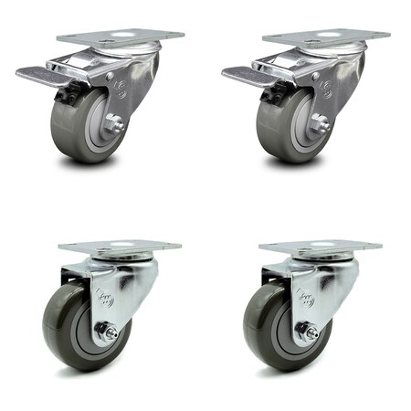 Service Caster 3.5 Inch Gray Polyurethane Wheel Swivel Top Plate Caster Total Lock Brake, 2PK SCC-TTL20S3514-PPUB-2-S-2